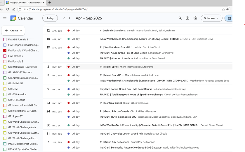 A list of calendar dates in Google Calendar with F1, IndyCar, IMSA and WEC selected for April to June 2026